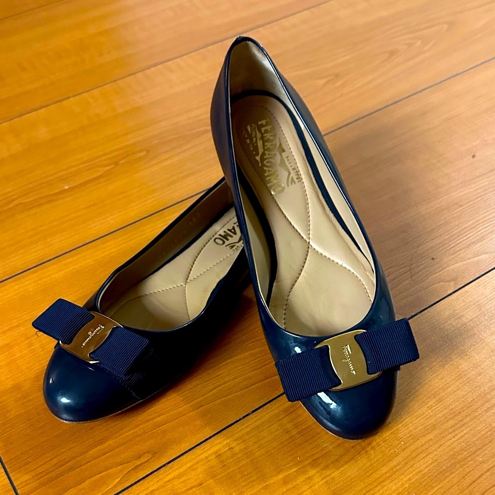 Salvatore Ferragamo Dark Blue Flats with Gold Accents